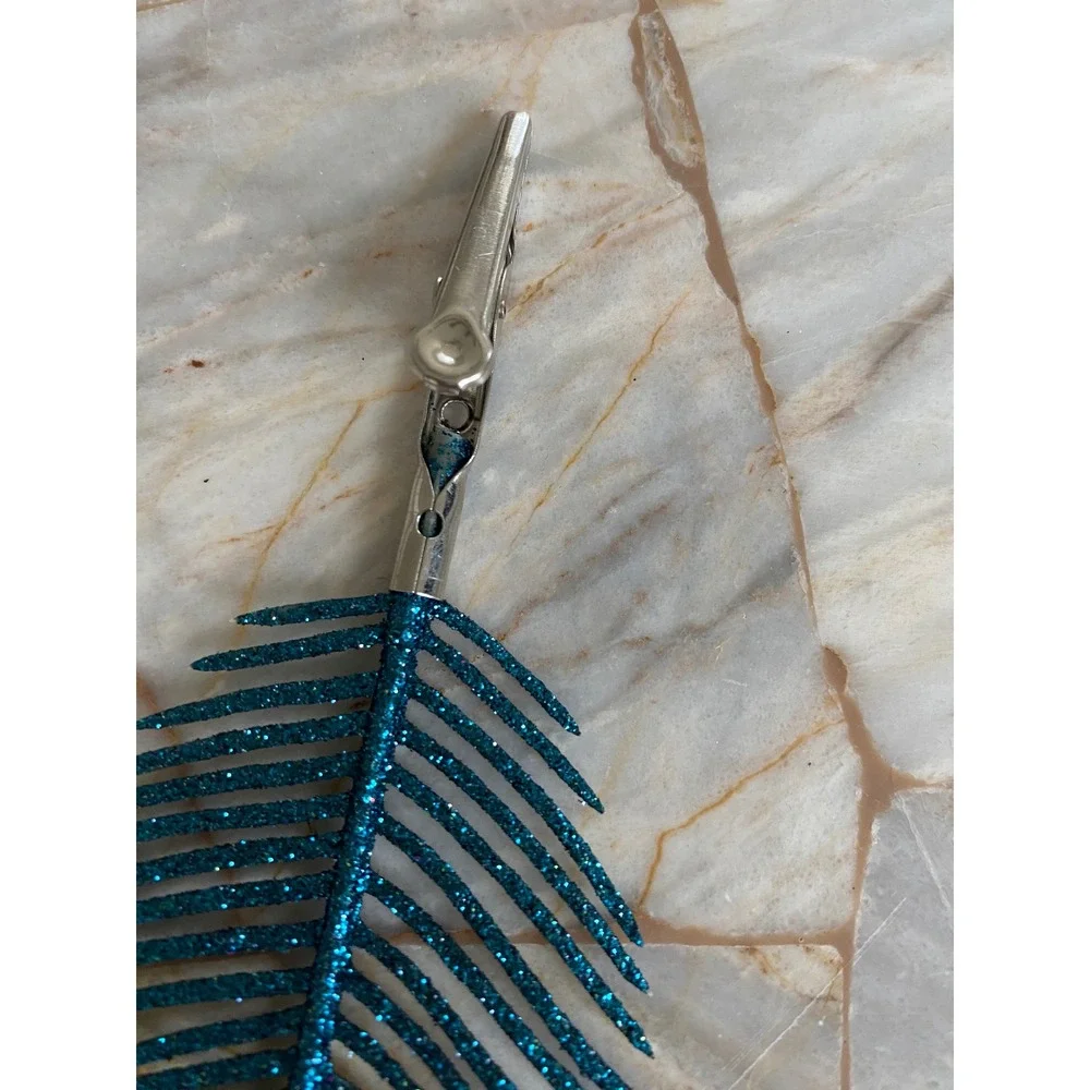 Set of 4 Glitter Feather Hair Clips Teal Blue and Purple Plume Alligator Clips